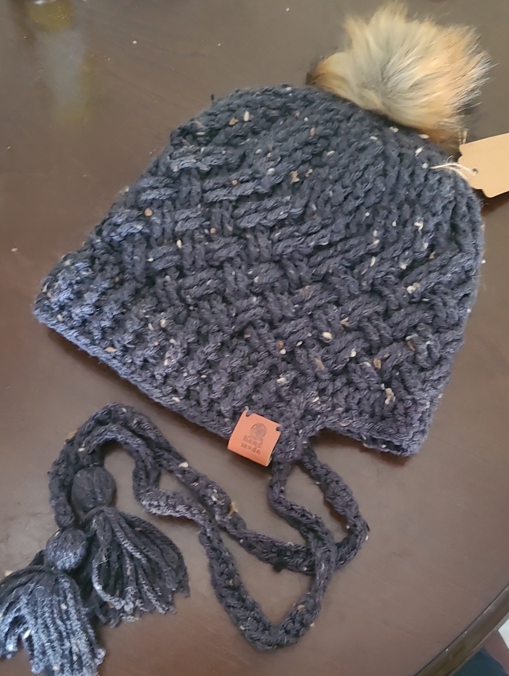 Womens Handmade Knit Pom-Pom Hat with Ear Tassels